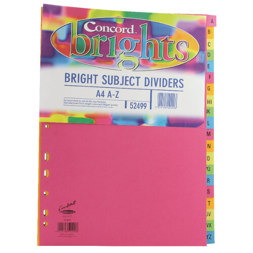 Concord Bright Subject Divider A4 A-Z Assorted Pack of 10 - Hunt Office UK