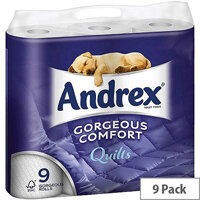 Andrex Quilted Toilet Tissue Paper Rolls 3-Ply 160 Sheets per Roll White (Pack 9) Ref M01386 Andrex Quilted Toilet Tissue Paper Rolls 3-Ply 160 Sheets per Roll White (Pack 9) Ref M01386