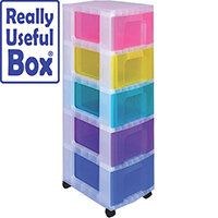 Really Useful Mobile Storage Tower With 5x12L Drawers Clear Assorted Colours Really Useful Mobile Storage Tower With 5x12L Drawers Clear Assorted Colours