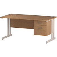 Impulse Rectangular Office Desk W1400xD800xH730mm White Double Cantilever Legs Oak Top - Supplied With Matching 2-Drawer Fixed Pedestal