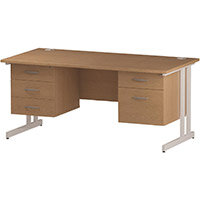 Impulse Rectangular Office Desk W1600xD800xH730mm White Double Cantilever Legs Oak Top - Supplied With Matching 2 & 3-Drawer Fixed Pedestals