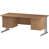 Impulse Rectangular Office Desk W1800xD800xH730mm Silver Double Cantilever Legs Oak Top - Supplied With Matching 2 & 3-Drawer Fixed Pedestals