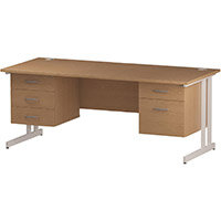 Impulse Rectangular Office Desk W1800xD800xH730mm White Double Cantilever Legs Oak Top - Supplied With Matching 2 & 3-Drawer Fixed Pedestals