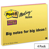 Post-it Super Sticky Meeting Notes 45 Sheets Pads 200x149mm Bright Colours Pack 4 Post-it Super Sticky Meeting Notes 45 Sheets Pads 200x149mm Bright Colours Pack 4