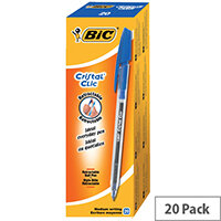 BIC Cristal Clic Retractable Ballpoint Pen Medium Blue Pack 20 BIC Cristal Clic Retractable Ballpoint Pen Medium Blue Pack 20