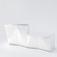 ALPA L Shaped Reception Desk with White Glass Front & Left Low Level Section W3135xD2767xH1100mm ALPA L Shaped Reception Desk with White Glass Front & Left Low Level Section W3135xD2767xH1100mm