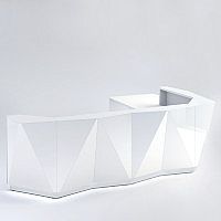 ALPA L Shaped Reception Desk with White Glass Front & Left Low Level Section W3967xD3135xH1100mm ALPA L Shaped Reception Desk with White Glass Front & Left Low Level Section W3967xD3135xH1100mm