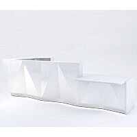 ALPA L Shaped Reception Desk with White Glass Front & Left Low Level Section W4335xD2767xH1100mm ALPA L Shaped Reception Desk with White Glass Front & Left Low Level Section W4335xD2767xH1100mm