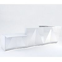ALPA L Shaped Reception Desk with White Glass Front & Right Low Level Section W4335xD2767xH1100mm ALPA L Shaped Reception Desk with White Glass Front & Right Low Level Section W4335xD2767xH1100mm
