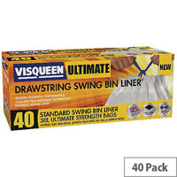 Visqueen Ultimate Swing Bin Liners 30 Litre Drawstring White Pack of 40 liners Visqueen Ultimate Swing Bin Liners 30 Litre Drawstring White Pack of 40 liners