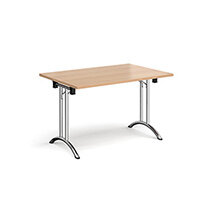 Rectangular folding leg table with chrome legs and curved foot rails 1200mm x 800mm - beech