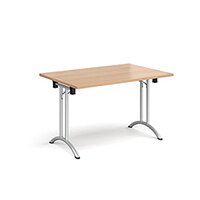 Rectangular folding leg table with silver legs and curved foot rails 1200mm x 800mm - beech