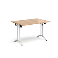 Rectangular folding leg table with white legs and curved foot rails 1200mm x 800mm - beech