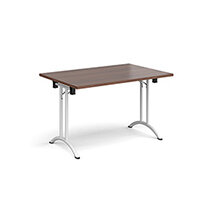 Rectangular folding leg table with white legs and curved foot rails 1200mm x 800mm - walnut Rectangular folding leg table with white legs and curved foot rails 1200mm x 800mm - walnut