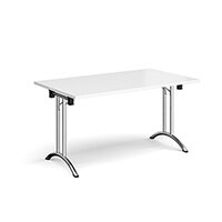 Rectangular folding leg table with chrome legs and curved foot rails 1400mm x 800mm - white