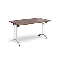 Rectangular folding leg table with silver legs and curved foot rails 1400mm x 800mm - walnut Rectangular folding leg table with silver legs and curved foot rails 1400mm x 800mm - walnut