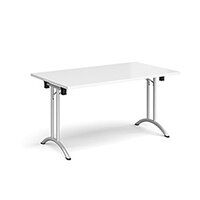 Rectangular folding leg table with silver legs and curved foot rails 1400mm x 800mm - white