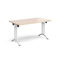 Rectangular folding leg table with white legs and curved foot rails 1400mm x 800mm - maple Rectangular folding leg table with white legs and curved foot rails 1400mm x 800mm - maple