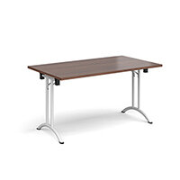 Rectangular folding leg table with white legs and curved foot rails 1400mm x 800mm - walnut Rectangular folding leg table with white legs and curved foot rails 1400mm x 800mm - walnut