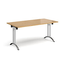 Rectangular folding leg table with chrome legs and curved foot rails 1600mm x 800mm - oak