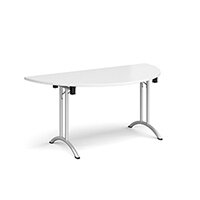 Semi circular folding leg table with silver legs and curved foot rails 1600mm x 800mm - white