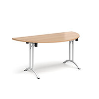 Semi circular folding leg table with white legs and curved foot rails 1600mm x 800mm - beech