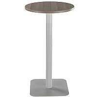 ONE Circular 600mm High Cafe & Bistro Table Dark Walnut With Silver Square Base ONE Circular 600mm High Cafe & Bistro Table Dark Walnut With Silver Square Base