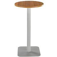 ONE Circular 600mm High Cafe & Bistro Table Light Walnut With Silver Square Base ONE Circular 600mm High Cafe & Bistro Table Light Walnut With Silver Square Base