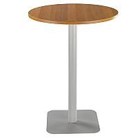 ONE Circular 800mm High Cafe & Bistro Table Light Walnut With Silver Square Base ONE Circular 800mm High Cafe & Bistro Table Light Walnut With Silver Square Base
