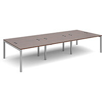 Connex triple back to back desks 3600mm x 1600mm - silver frame, walnut top Connex triple back to back desks 3600mm x 1600mm - silver frame, walnut top