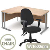 BUNDLE DEAL - Maestro 25 Left Hand Ergonomic L-Shaped Office Desk In Beech 1600mm Silver Cantilever Frame - With Vantage V102 Chair In Black BUNDLE DEAL - Maestro 25 Left Hand Ergonomic L-Shaped Office Desk In Beech 1600mm Silver Cantilever Frame - With Vantage V102 Chair In Black