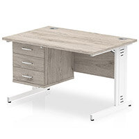 Impulse Rectangular Office Desk W1200xD800xH730mm White Cable Managed Legs Grey Oak Top - Supplied With Matching 3-Drawer Fixed Pedestal