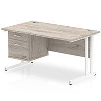 Impulse Rectangular Office Desk W1400xD800xH730mm White Double Cantilever Legs Grey Oak Top - Supplied With Matching 2-Drawer Fixed Pedestal