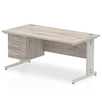 Impulse Rectangular Office Desk W1600xD800xH730mm Silver Cable Managed Legs Grey Oak Top - Supplied With Matching 3-Drawer Fixed Pedestal