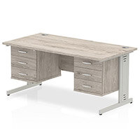 Impulse Rectangular Office Desk W1600xD800xH730mm Silver Cable Managed Legs Grey Oak Top - Supplied With 2 Matching 3-Drawer Fixed Pedestals