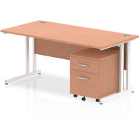 Impulse Rectangular Office Desk W1600xD800xH730mm White Double Cantilever Legs Beech Top - Supplied With Matching 2 Drawer Mobile Pedestal