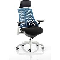 Flex Task Operator Office Chair White Frame Black Fabric Seat With Blue Back With Arms & Headrest Flex Task Operator Office Chair White Frame Black Fabric Seat With Blue Back With Arms & Headrest