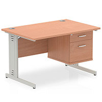 Impulse Rectangular Office Desk W1200xD800xH730mm Silver Cable Managed Legs Beech Top - Supplied With Matching 2-Drawer Fixed Pedestal