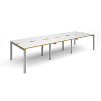 Adapt II triple back to back desks 3600mm x 1200mm - silver frame, white top with oak edging Adapt II triple back to back desks 3600mm x 1200mm - silver frame, white top with oak edging