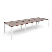 Adapt II triple back to back desks 3600mm x 1200mm - white frame, walnut top Adapt II triple back to back desks 3600mm x 1200mm - white frame, walnut top