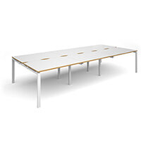 Adapt II triple back to back desks 3600mm x 1600mm - white frame, white top with oak edging Adapt II triple back to back desks 3600mm x 1600mm - white frame, white top with oak edging