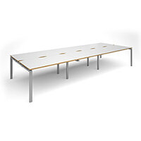 Adapt II triple back to back desks 4200mm x 1600mm - silver frame, white top with oak edging Adapt II triple back to back desks 4200mm x 1600mm - silver frame, white top with oak edging