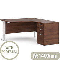 Maestro 25 WL right hand ergonomic desk 1400mm with white cantilever frame and desk high pedestal - walnut