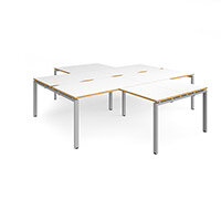 Adapt Back To Back 4 Desk Cluster 2800Mm X 1600Mm With 800Mm Return Desks - Silver Frame, White Top With Oak Edge