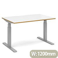 Elev8 Touch Electric Height Adjustable Rectangular Sit Stand Desk with Scallop Cut Out W1200xD800xH675-1175mm White with Oak Edge Top Silver Frame