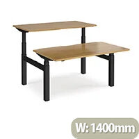 Elev8 Touch Electric Height Adjustable Rectangular Sit Stand 2 Person Back To Back Bench Desk with Scallop Cut Out W1400xD800(x2)xH675-11750mm Oak Top Black Frame