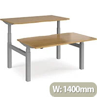 Elev8 Touch Electric Height Adjustable Rectangular Sit Stand 2 Person Back To Back Bench Desk with Scallop Cut Out W1400xD800(x2)xH675-11750mm Oak Top Silver Frame