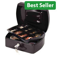 Q-Connect 8 Inch Cash Box Black –  Key Lock, 8 Compartments, Metal Handle, 2 Keys, Removable Tray 196 x 155 x 87mm 