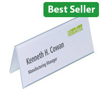 Durable Table Name Holder 25 Pack – Interchangeable, Space For Blank Insert Cards, Read From Both Sides, PVC, Fingerprint Proof, Stackable, 61 x 210mm & Transparent (8052/19)