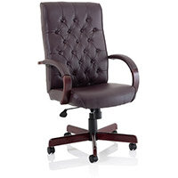 Chesterfield Traditional Executive Office Chair, Burgundy Leather Seat & Back - Fixed Wooden Padded Arms, 5-Star Base